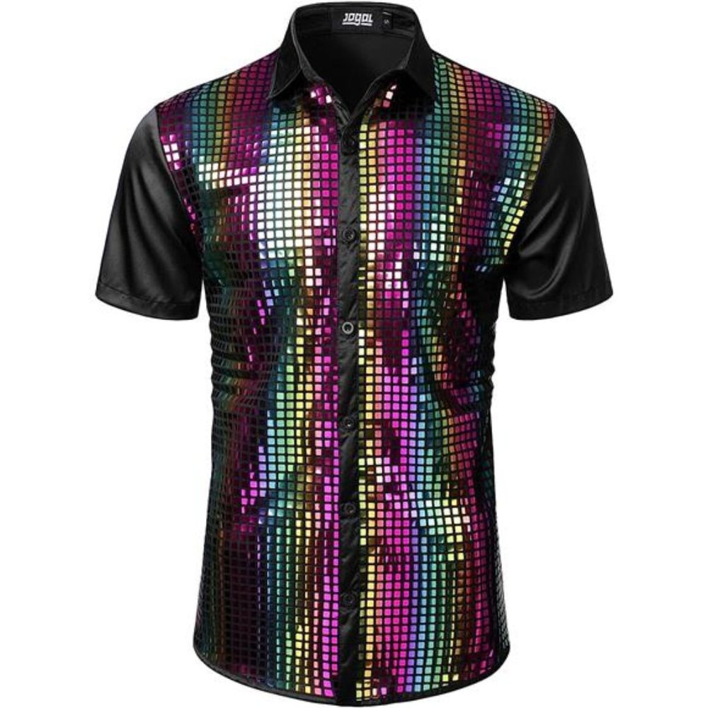 Mens 70s Disco Costume Silver Sequins Short Sleeve Button Down Shirts, Rainbow